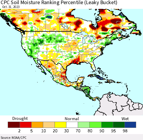 North America CPC Soil Moisture Ranking Percentile (Leaky Bucket) Thematic Map For 10/26/2023 - 10/31/2023