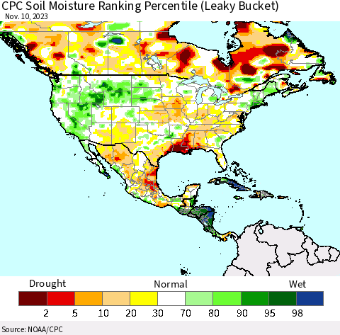 North America CPC Soil Moisture Ranking Percentile (Leaky Bucket) Thematic Map For 11/6/2023 - 11/10/2023