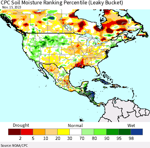 North America CPC Soil Moisture Ranking Percentile (Leaky Bucket) Thematic Map For 11/11/2023 - 11/15/2023