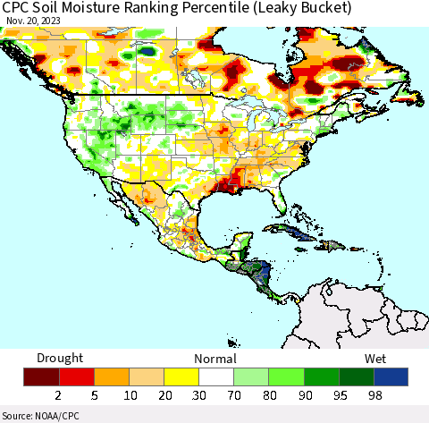 North America CPC Soil Moisture Ranking Percentile (Leaky Bucket) Thematic Map For 11/16/2023 - 11/20/2023