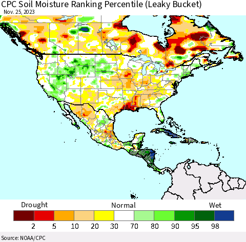 North America CPC Soil Moisture Ranking Percentile (Leaky Bucket) Thematic Map For 11/21/2023 - 11/25/2023