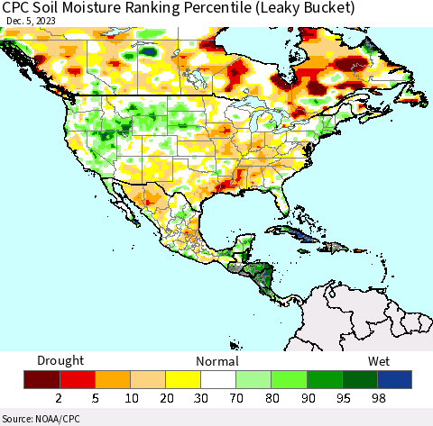 North America CPC Soil Moisture Ranking Percentile (Leaky Bucket) Thematic Map For 12/1/2023 - 12/5/2023