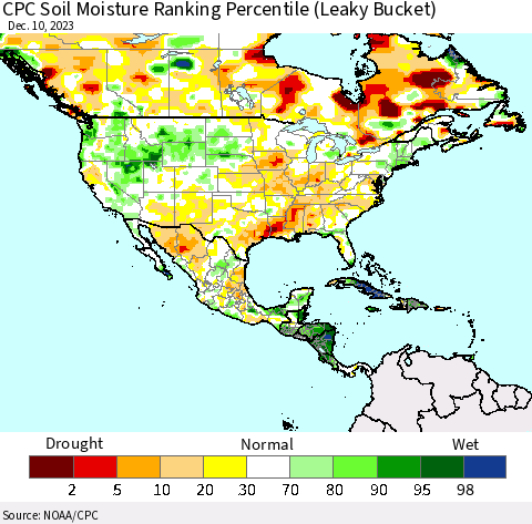 North America CPC Soil Moisture Ranking Percentile (Leaky Bucket) Thematic Map For 12/6/2023 - 12/10/2023