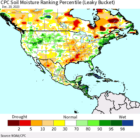 North America CPC Soil Moisture Ranking Percentile (Leaky Bucket) Thematic Map For 12/16/2023 - 12/20/2023
