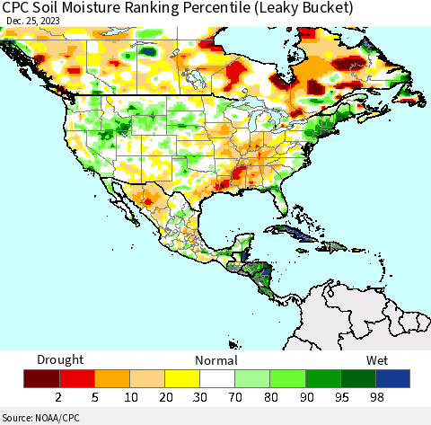 North America CPC Soil Moisture Ranking Percentile (Leaky Bucket) Thematic Map For 12/21/2023 - 12/25/2023