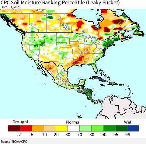 North America CPC Soil Moisture Ranking Percentile (Leaky Bucket) Thematic Map For 12/26/2023 - 12/31/2023