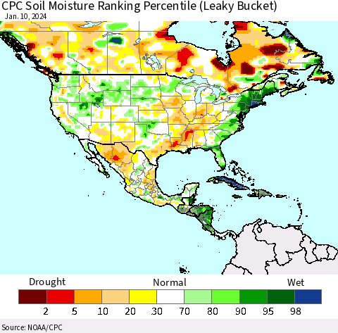 North America CPC Soil Moisture Ranking Percentile (Leaky Bucket) Thematic Map For 1/6/2024 - 1/10/2024