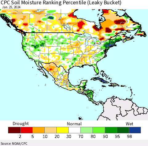 North America CPC Soil Moisture Ranking Percentile (Leaky Bucket) Thematic Map For 1/21/2024 - 1/25/2024