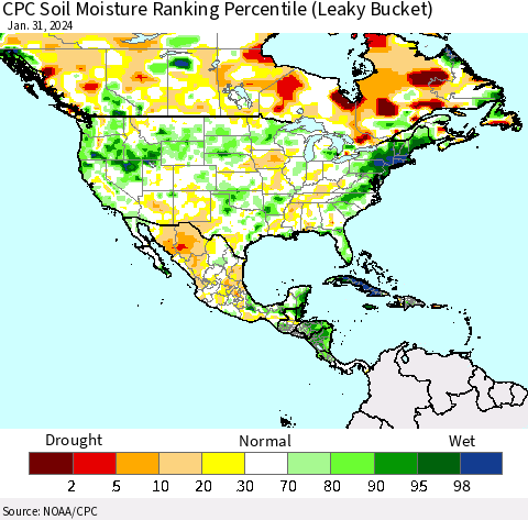 North America CPC Soil Moisture Ranking Percentile (Leaky Bucket) Thematic Map For 1/26/2024 - 1/31/2024