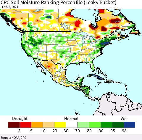 North America CPC Soil Moisture Ranking Percentile (Leaky Bucket) Thematic Map For 2/1/2024 - 2/5/2024