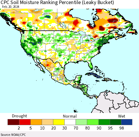 North America CPC Soil Moisture Ranking Percentile (Leaky Bucket) Thematic Map For 2/16/2024 - 2/20/2024