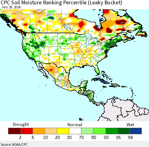 North America CPC Soil Moisture Ranking Percentile (Leaky Bucket) Thematic Map For 2/26/2024 - 2/29/2024