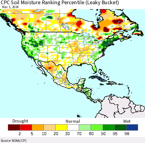 North America CPC Soil Moisture Ranking Percentile (Leaky Bucket) Thematic Map For 3/1/2024 - 3/5/2024