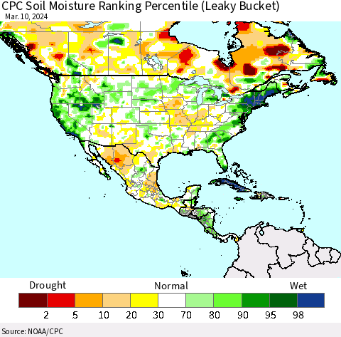 North America CPC Soil Moisture Ranking Percentile (Leaky Bucket) Thematic Map For 3/6/2024 - 3/10/2024