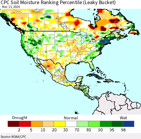 North America CPC Soil Moisture Ranking Percentile (Leaky Bucket) Thematic Map For 3/11/2024 - 3/15/2024