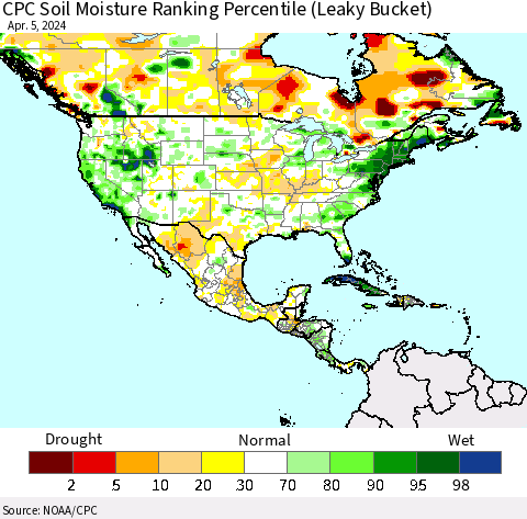 North America CPC Soil Moisture Ranking Percentile (Leaky Bucket) Thematic Map For 4/1/2024 - 4/5/2024