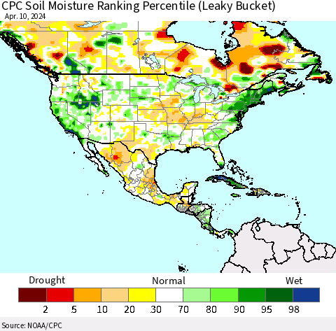 North America CPC Soil Moisture Ranking Percentile (Leaky Bucket) Thematic Map For 4/6/2024 - 4/10/2024