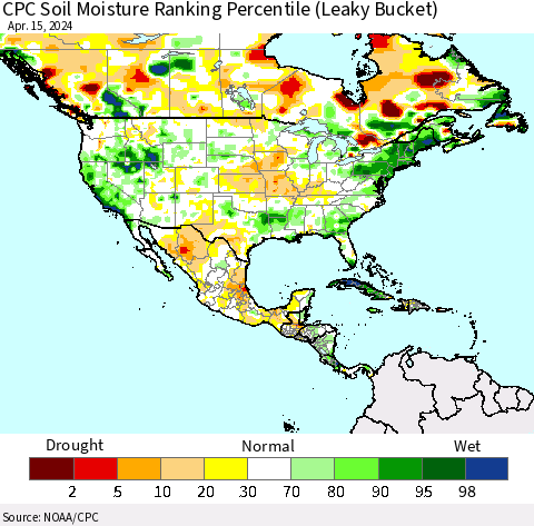 North America CPC Soil Moisture Ranking Percentile (Leaky Bucket) Thematic Map For 4/11/2024 - 4/15/2024