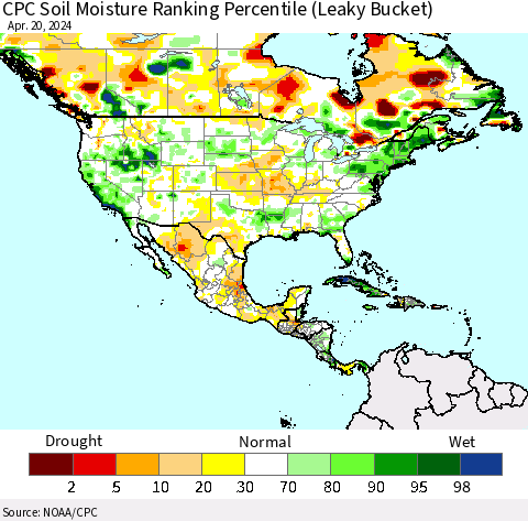 North America CPC Soil Moisture Ranking Percentile (Leaky Bucket) Thematic Map For 4/16/2024 - 4/20/2024