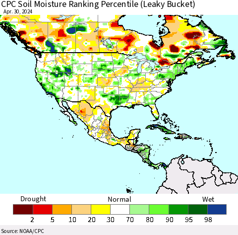 North America CPC Soil Moisture Ranking Percentile (Leaky Bucket) Thematic Map For 4/26/2024 - 4/30/2024