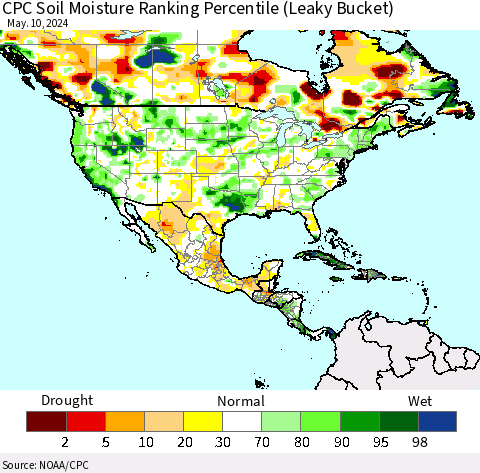 North America CPC Soil Moisture Ranking Percentile (Leaky Bucket) Thematic Map For 5/6/2024 - 5/10/2024