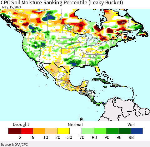 North America CPC Soil Moisture Ranking Percentile (Leaky Bucket) Thematic Map For 5/11/2024 - 5/15/2024