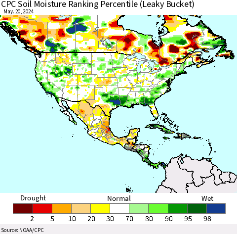 North America CPC Soil Moisture Ranking Percentile (Leaky Bucket) Thematic Map For 5/16/2024 - 5/20/2024