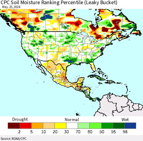 North America CPC Soil Moisture Ranking Percentile (Leaky Bucket) Thematic Map For 5/21/2024 - 5/25/2024