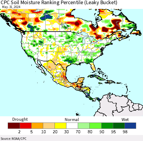 North America CPC Soil Moisture Ranking Percentile (Leaky Bucket) Thematic Map For 5/26/2024 - 5/31/2024