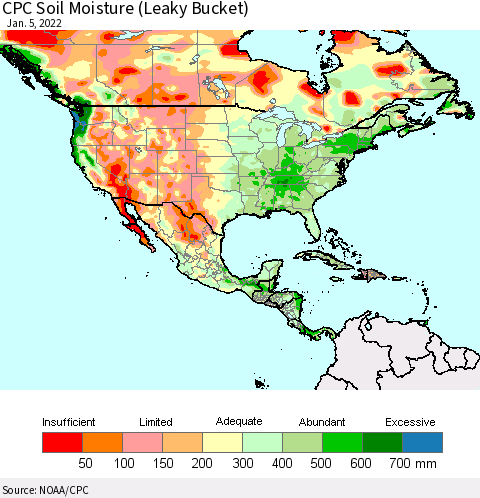 North America CPC Soil Moisture (Leaky Bucket) Thematic Map For 1/1/2022 - 1/5/2022