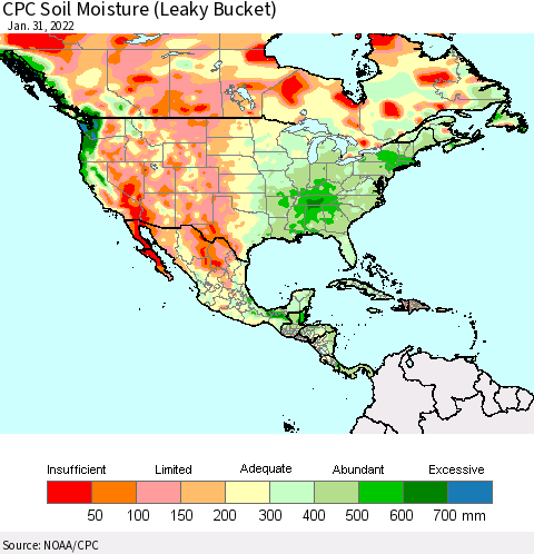 North America CPC Soil Moisture (Leaky Bucket) Thematic Map For 1/26/2022 - 1/31/2022