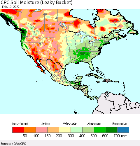 North America CPC Soil Moisture (Leaky Bucket) Thematic Map For 2/6/2022 - 2/10/2022