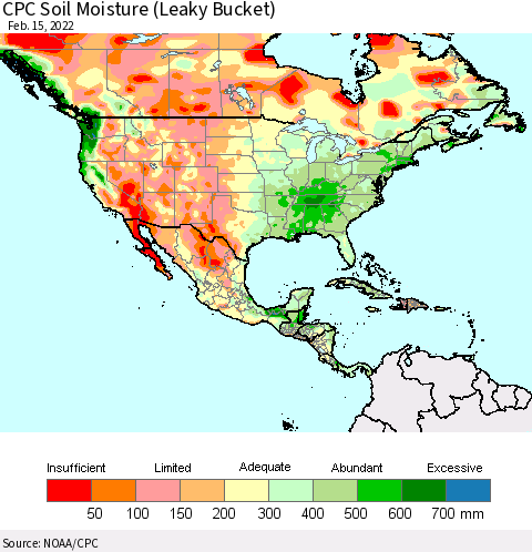 North America CPC Soil Moisture (Leaky Bucket) Thematic Map For 2/11/2022 - 2/15/2022
