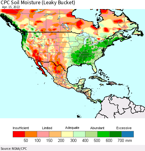 North America CPC Soil Moisture (Leaky Bucket) Thematic Map For 4/11/2022 - 4/15/2022