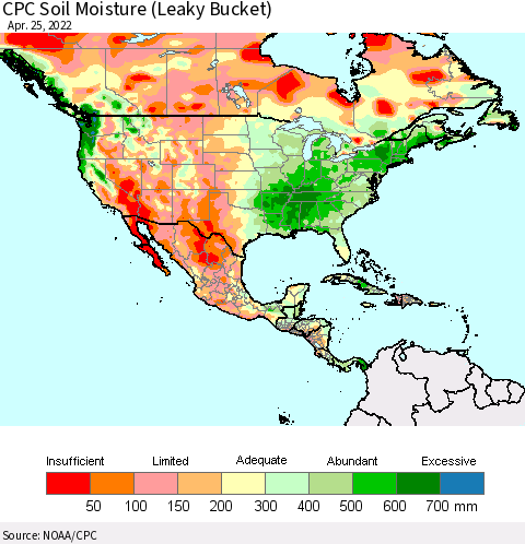 North America CPC Soil Moisture (Leaky Bucket) Thematic Map For 4/21/2022 - 4/25/2022