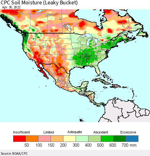 North America CPC Soil Moisture (Leaky Bucket) Thematic Map For 4/26/2022 - 4/30/2022