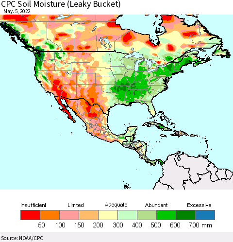 North America CPC Soil Moisture (Leaky Bucket) Thematic Map For 5/1/2022 - 5/5/2022