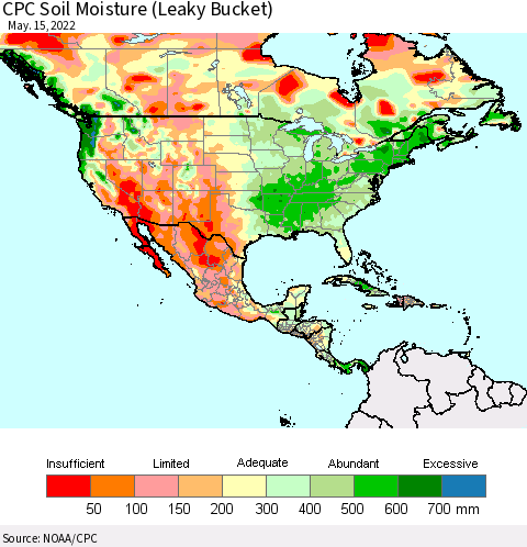 North America CPC Soil Moisture (Leaky Bucket) Thematic Map For 5/11/2022 - 5/15/2022