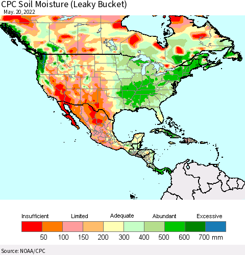 North America CPC Soil Moisture (Leaky Bucket) Thematic Map For 5/16/2022 - 5/20/2022