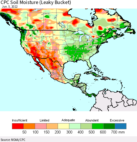 North America CPC Soil Moisture (Leaky Bucket) Thematic Map For 6/1/2022 - 6/5/2022