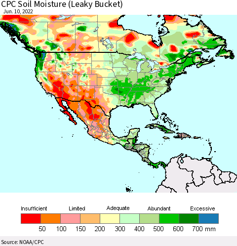 North America CPC Soil Moisture (Leaky Bucket) Thematic Map For 6/6/2022 - 6/10/2022