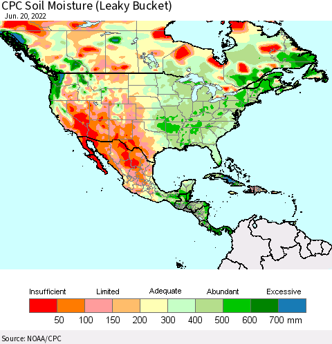 North America CPC Soil Moisture (Leaky Bucket) Thematic Map For 6/16/2022 - 6/20/2022