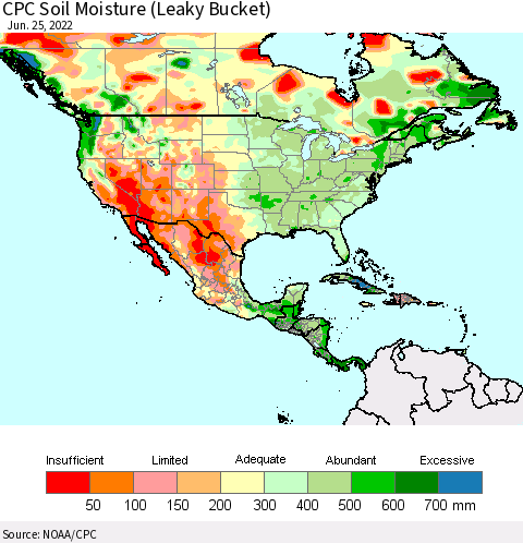 North America CPC Soil Moisture (Leaky Bucket) Thematic Map For 6/21/2022 - 6/25/2022