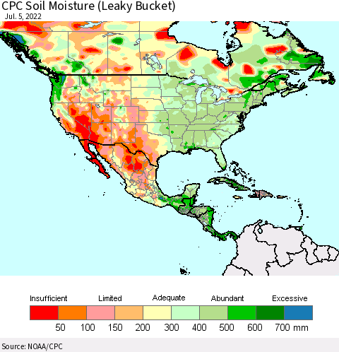 North America CPC Soil Moisture (Leaky Bucket) Thematic Map For 7/1/2022 - 7/5/2022