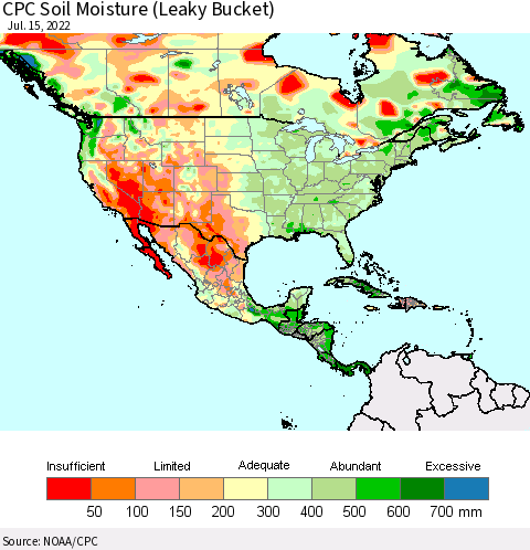 North America CPC Soil Moisture (Leaky Bucket) Thematic Map For 7/11/2022 - 7/15/2022
