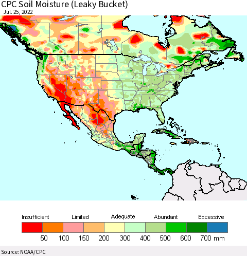 North America CPC Soil Moisture (Leaky Bucket) Thematic Map For 7/21/2022 - 7/25/2022