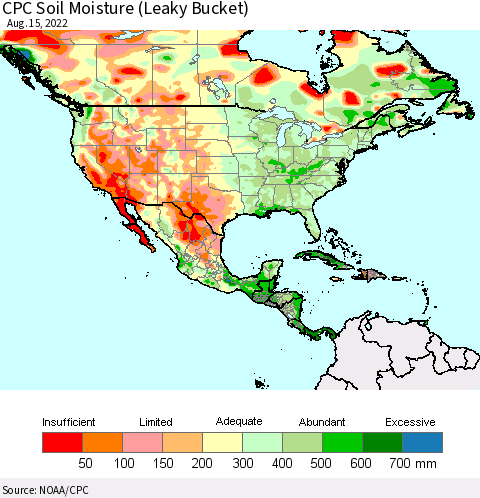 North America CPC Soil Moisture (Leaky Bucket) Thematic Map For 8/11/2022 - 8/15/2022