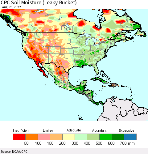 North America CPC Soil Moisture (Leaky Bucket) Thematic Map For 8/21/2022 - 8/25/2022