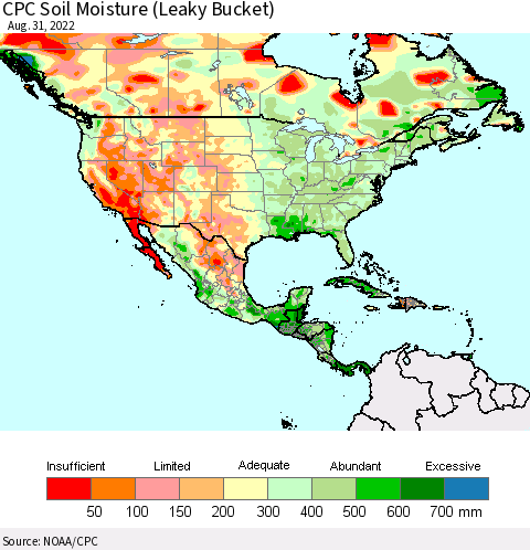 North America CPC Soil Moisture (Leaky Bucket) Thematic Map For 8/26/2022 - 8/31/2022