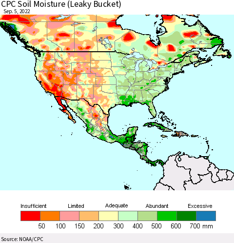 North America CPC Soil Moisture (Leaky Bucket) Thematic Map For 9/1/2022 - 9/5/2022